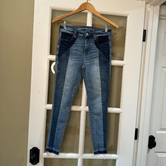 AMERICAN EAGLE Two Tone Super Stretch Hi-Rise Jegging Crop Raw Hem Jeans Size 4 - Picture 2 of 15